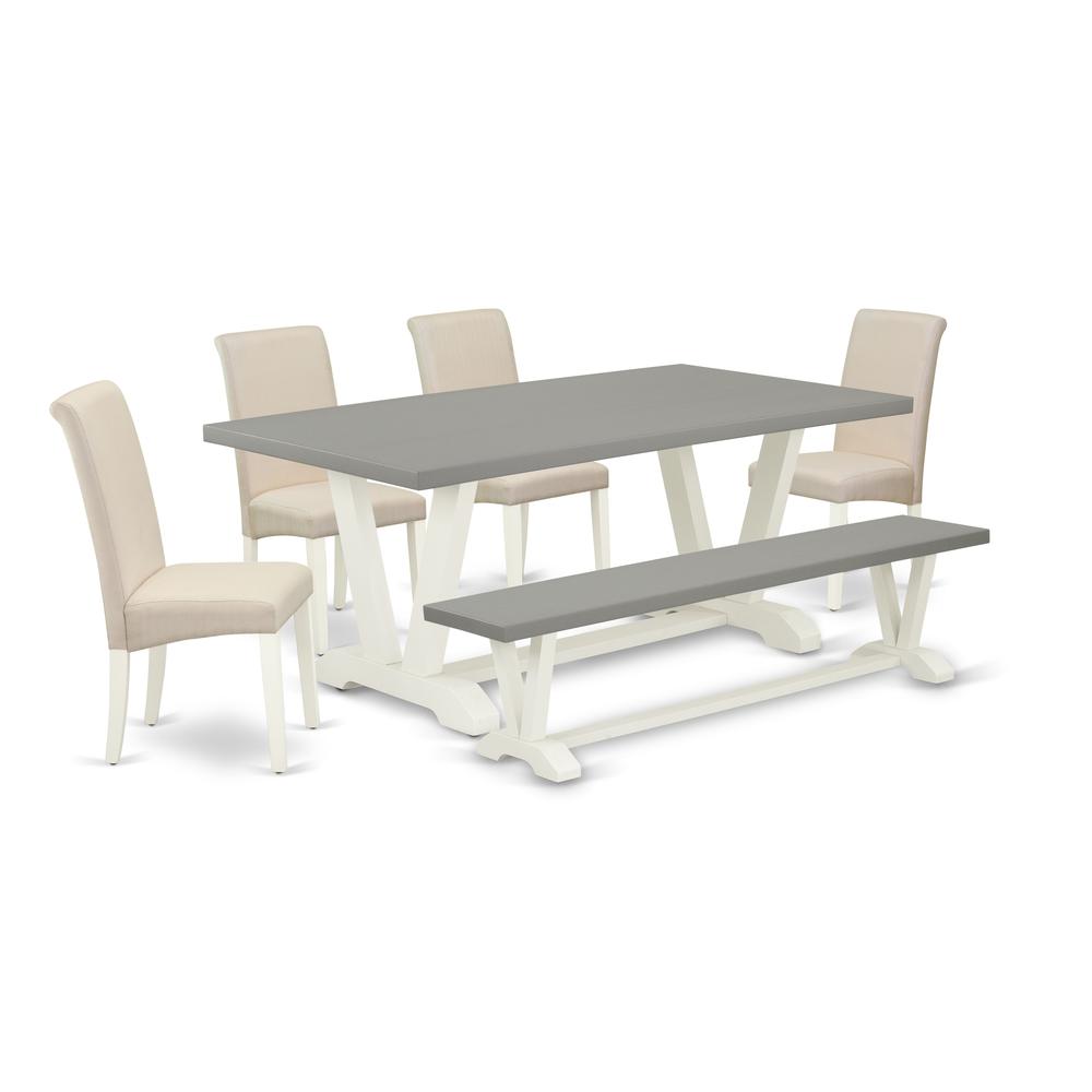 6-Piece Awesome Dinette Set An Excellent Cement Color Wood Table Top And Cement Color Dining Room Bench And 4 Amazing Linen Fabric Parson Chairs By East West Furniture | Dining Sets | Modishstore