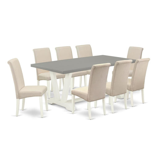9-Piece Modern Dining Set An Excellent Cement Color Dining Table Top And 8 Amazing Linen Fabric Kitchen Parson Chairs By East West Furniture | Dining Sets | Modishstore