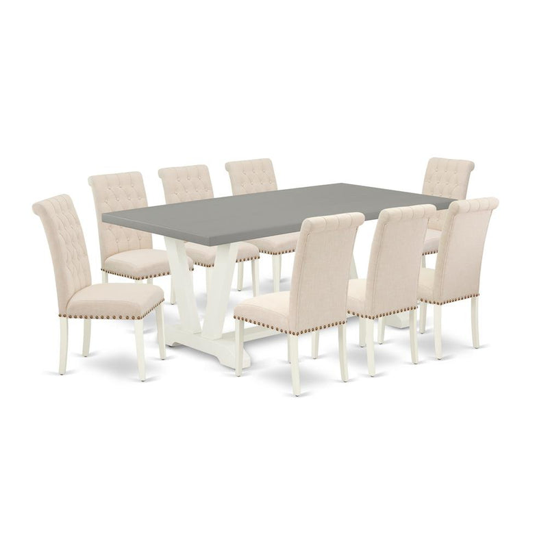9-Piece Awesome Dinette Set A Superb Cement Color Kitchen Rectangular Table Top And 8 Attractive Linen Fabric Padded Parson Chairs By East West Furniture | Dining Sets | Modishstore