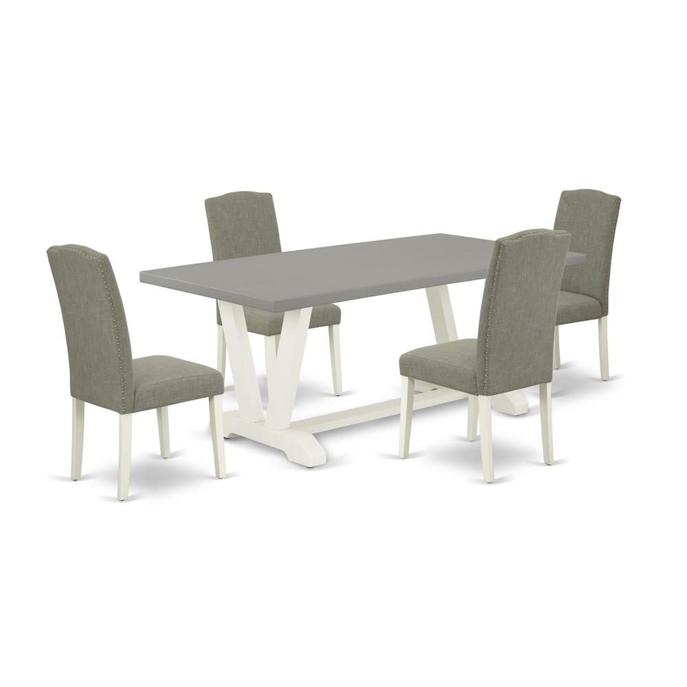 5-Piece Beautiful Dining Room Set A Great Cement Color Dining Table Top And 4 Attractive Linen Fabric Dining Chairs By East West Furniture | Dining Sets | Modishstore