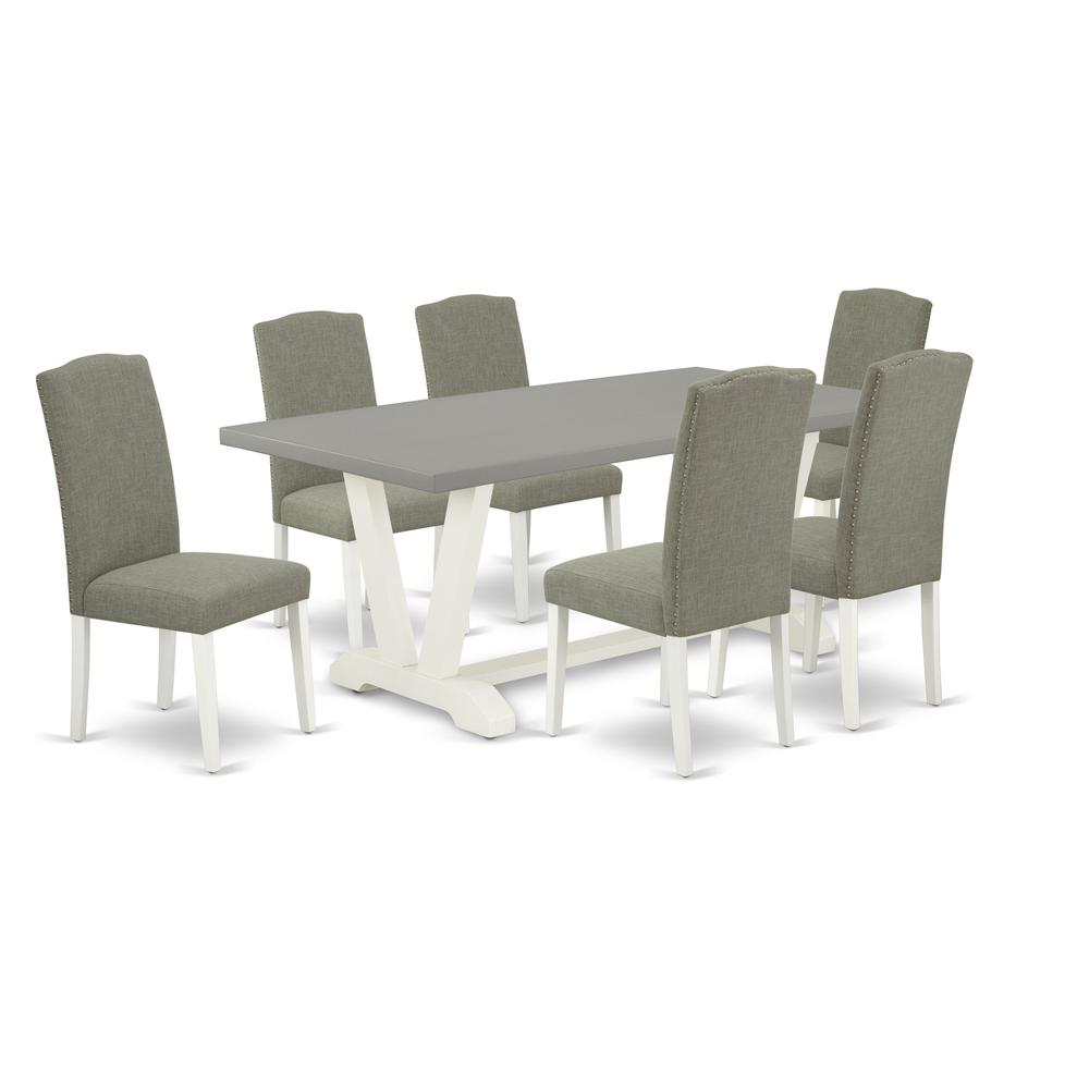 7-Piece Fashionable Modern Dining Table Set A Great Cement Color Wood Dining Table Top And 6 Stunning Linen Fabric Dining Chairs By East West Furniture | Dining Sets | Modishstore