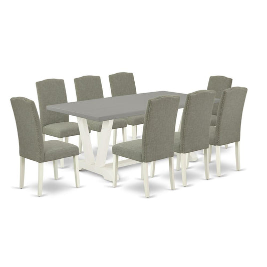 9-Piece Fashionable Dining Set A Great Cement Color Dining Room Table Top And 8 Awesome Linen Fabric Dining Chairs By East West Furniture | Dining Sets | Modishstore