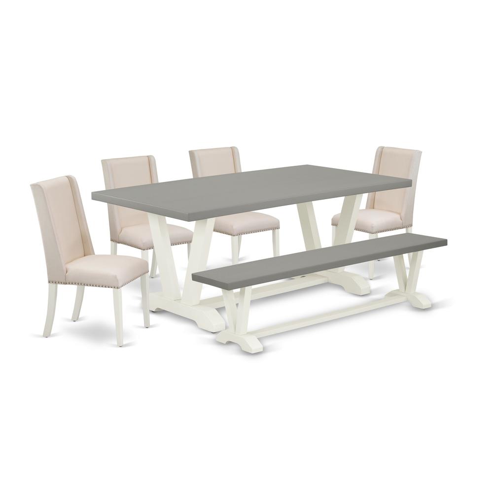 6-Piece Stylish Dining Table Set A Superb Cement Color Wood Dining Table Top And Cement Color Dining Room Bench And 4 Attractive Linen Fabric Dining Chairs By East West Furniture | Dining Sets | Modishstore