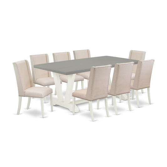 9-Piece Beautiful Dinette Set A Good Cement Color Wood Table Top And 8 Beautiful Linen Fabric Dining Room Chairs By East West Furniture | Dining Sets | Modishstore