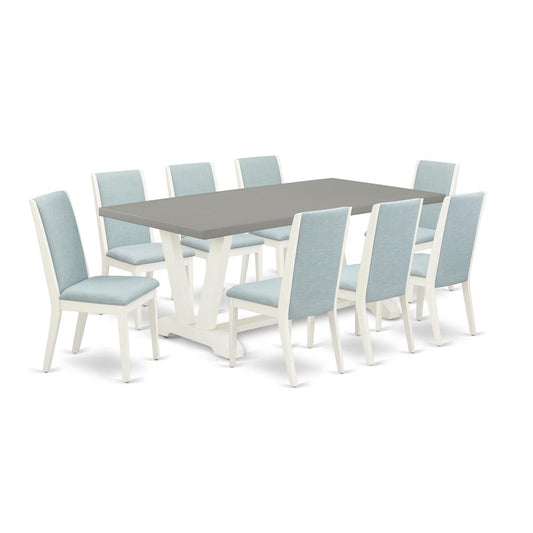 9-Piece Stylish Dinette Set A Superb Cement Color Dining Table Top And 8 Beautiful Linen Fabric Parson Chairs By East West Furniture | Dining Sets | Modishstore