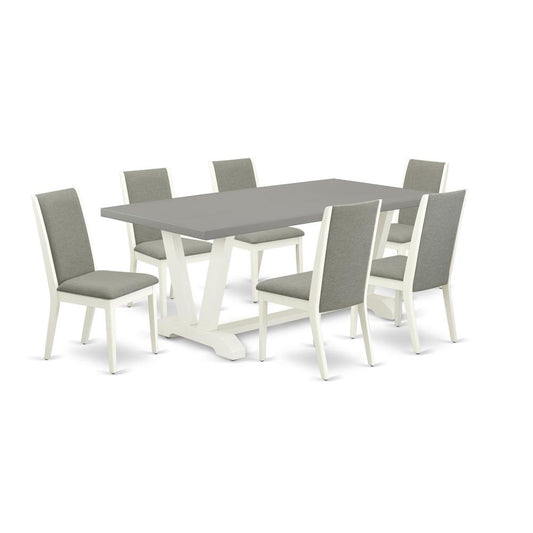 7-Piece Gorgeous Dinette Set An Outstanding Cement Color Rectangular Table Top And 6 Excellent Linen Fabric Solid Wood Leg Chairs By East West Furniture | Dining Sets | Modishstore