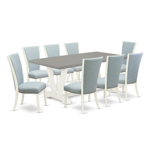 9 Piece Kitchen Table Set - 8 Baby Blue Linen Fabric Parson Dining Room Chairs By East West Furniture | Dining Sets | Modishstore