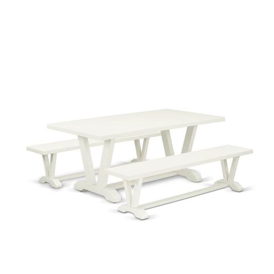 3 Piece Table Set - 1 Linen White Dining Table And 2 Table Bench - Stable And Sturdy Constructed - Linen White Finish By East West Furniture | Dining Sets | Modishstore