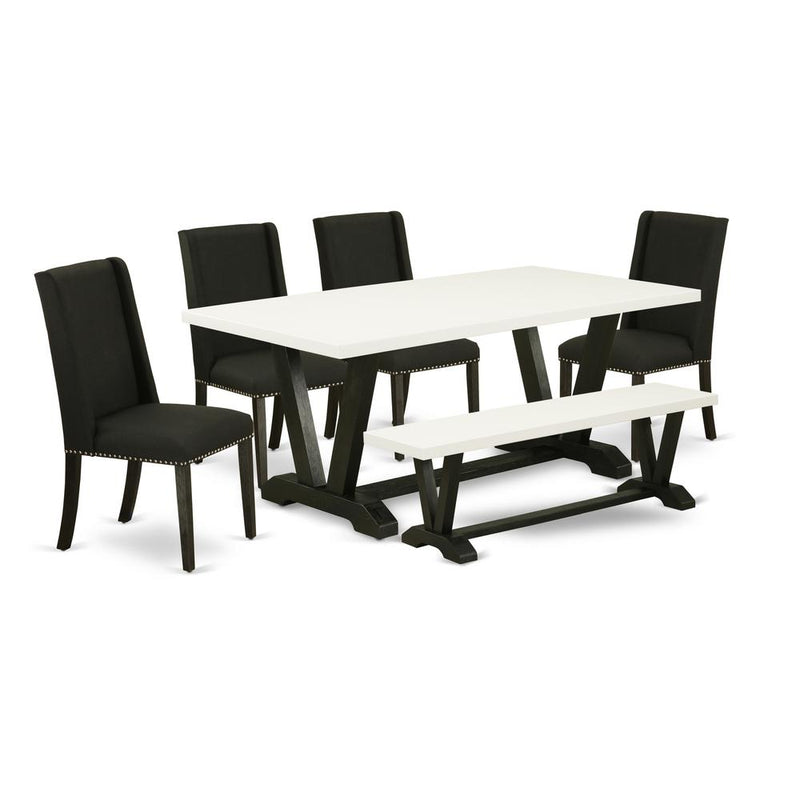 6-Piece Mid Century Dining Table Set-Black Linen Fabric Seat And High Stylish Chair Back Parson Dining Chairs, A Rectangular Bench And Rectangular Top Kitchen Table By East West Furniture | Dining Sets | Modishstore