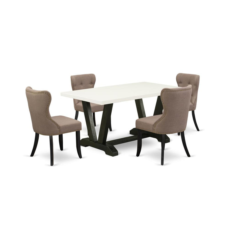 5-Piece Dining Table Set - Coffee Linen Fabric Seat And Button Tufted Back Dining Chairs And Rectangular Top Modern Dining Table By East West Furniture | Dining Sets | Modishstore