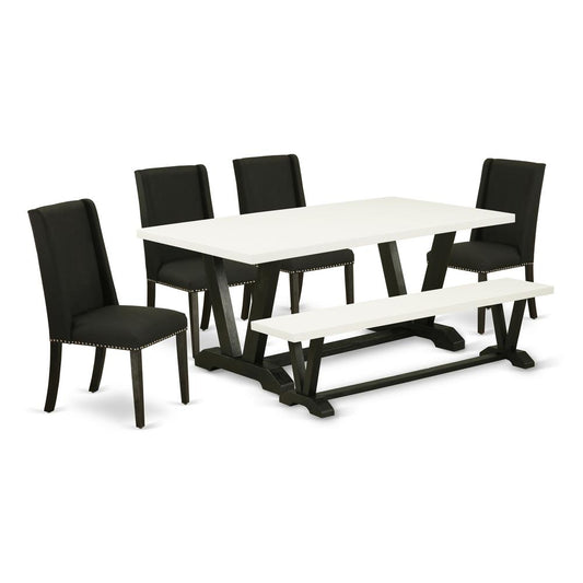 6-Piece Kitchen Dining Table Set-Black Linen Fabric Seat And High Stylish Chair Back Upholstered Dining Chairs, A Rectangular Bench And Rectangular Top Kitchen Table By East West Furniture | Dining Sets | Modishstore
