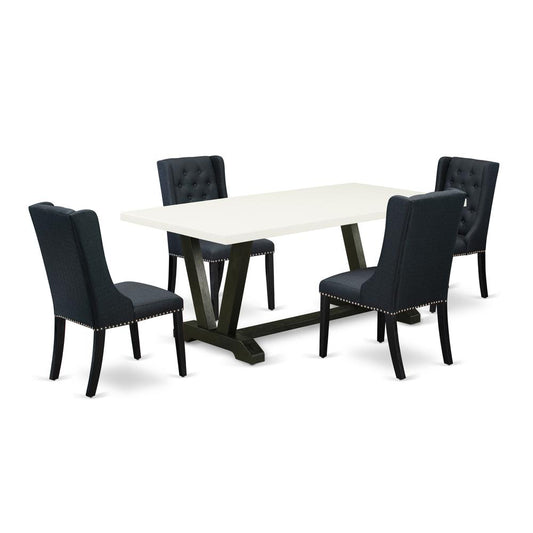 5 Pc Dining Set Consists Of 4 Black Linen Fabric Parson Chairs Button Tufted By East West Furniture | Dining Sets | Modishstore