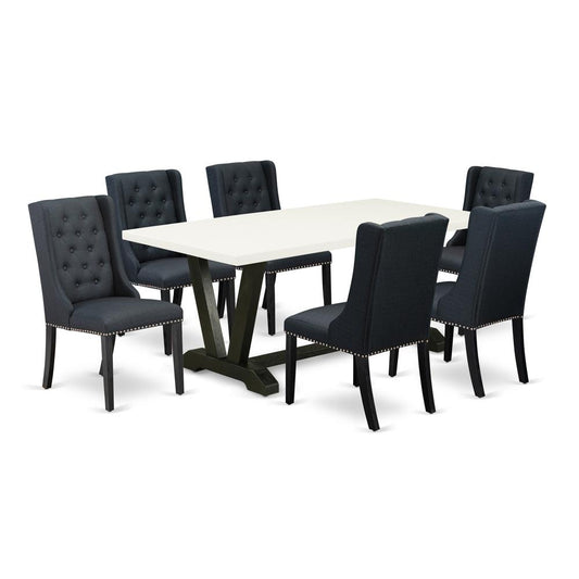 7 Piece Kitchen Table Set - 6 Black Linen Fabric Dining Room Chairs Button Tufted By East West Furniture | Dining Sets | Modishstore