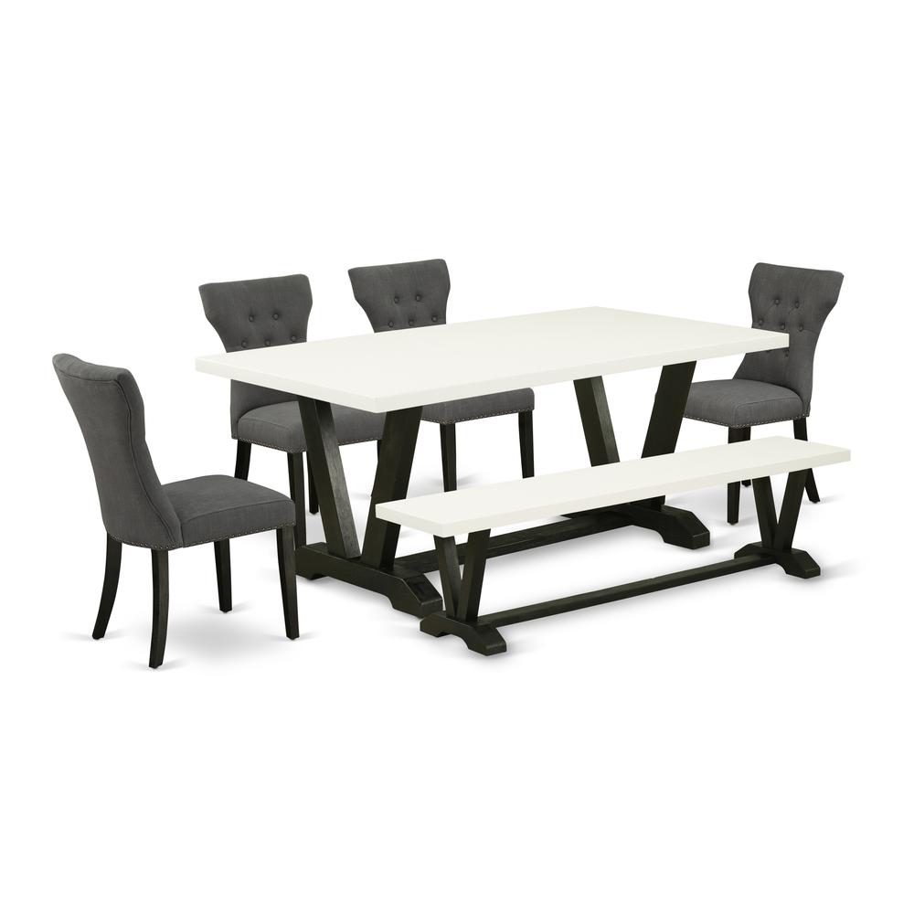 6-Piece Dinette Table Set-Dark Gotham Grey Linen Fabric Seat And Button Tufted Chair Back Parson Chairs, A Rectangular Bench And Rectangular Top Modern Dining Table By East West Furniture | Dining Sets | Modishstore