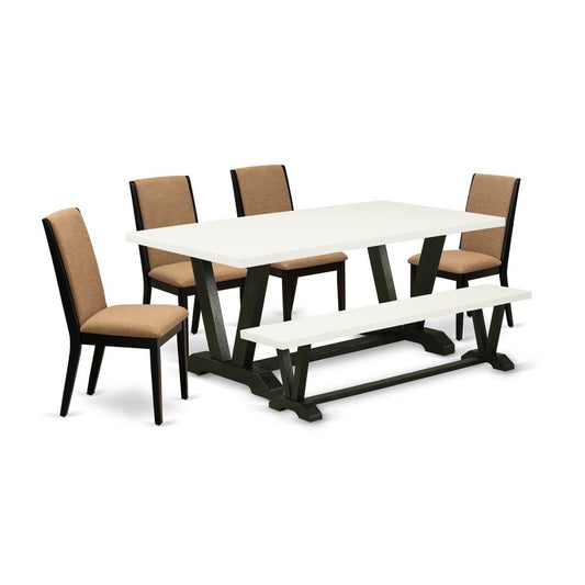 6-Piece Gorgeous Modern Dining Table Set An Outstanding Linen White Wood Dining Table Top And Linen White Bench And 4 Awesome Linen Fabric Padded Chairs By East West Furniture | Dining Sets | Modishstore