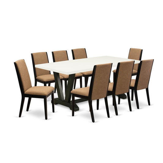 9-Piece Amazing Dinette Set A Superb Linen White Wood Dining Table Top And 8 Wonderful Linen Fabric Dining Chairs By East West Furniture | Dining Sets | Modishstore