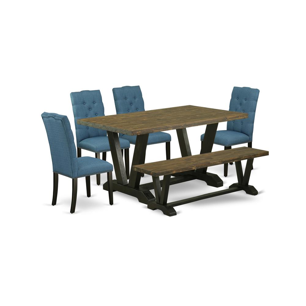 6-Piece Amazing Modern Dining Table Set A Great Distressed Jacobean Kitchen Rectangular Table Top And Distressed Jacobean Dining Bench And 4 Excellent Linen Fabric Kitc By East West Furniture | Dining Sets | Modishstore
