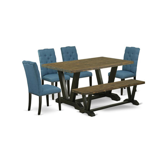 6-Piece Amazing Modern Dining Table Set A Great Distressed Jacobean Kitchen Rectangular Table Top And Distressed Jacobean Dining Bench And 4 Excellent Linen Fabric Kitc By East West Furniture | Dining Sets | Modishstore