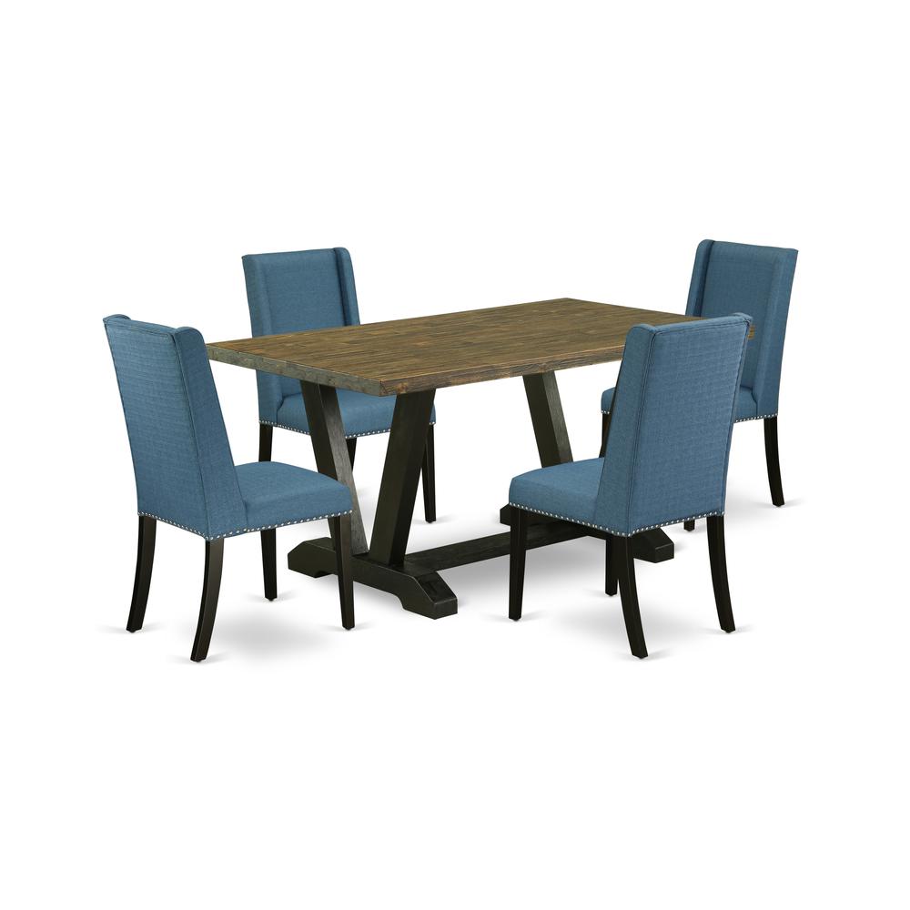 5-Piece Amazing Dining Set A Great Distressed Jacobean Dining Table Top And 4 Gorgeous Linen Fabric Dining Chairs By East West Furniture | Dining Sets | Modishstore