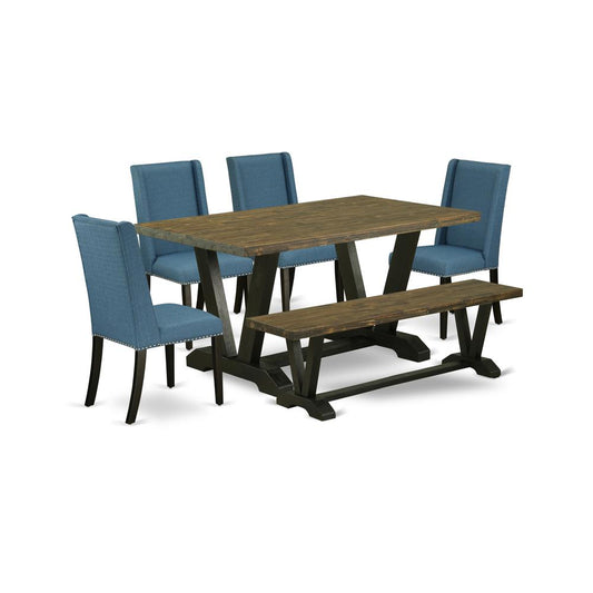 6-Piece Amazing Dining Room Set A Superb Distressed Jacobean Rectangular Dining Table Top And Distressed Jacobean Small Bench And 4 Awesome Linen Fabric Dining Room Cha By East West Furniture | Dining Sets | Modishstore