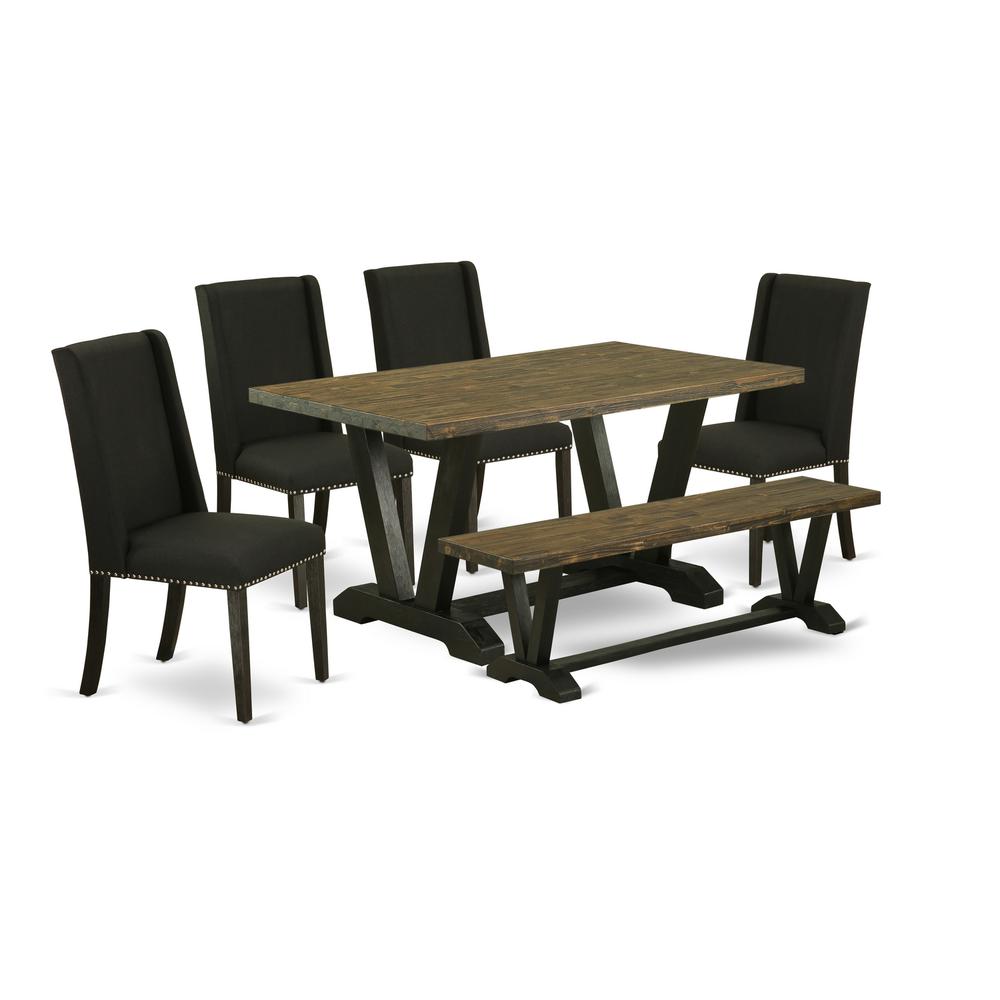 6-Piece Dining Set-Black Linen Fabric Seat And High Stylish Chair Back Upholstered Dining Chairs, A Rectangular Bench And Rectangular Top Dining Room Table By East West Furniture | Dining Sets | Modishstore