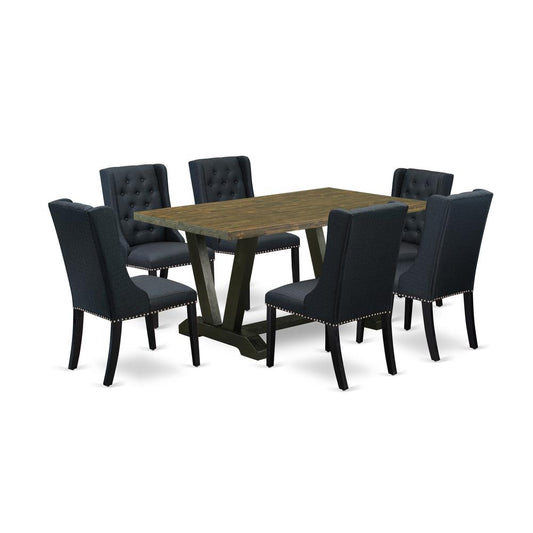 7 Pc Dining Set - 6 Black Linen Fabric Dining Room Chair Button Tufted By East West Furniture | Dining Sets | Modishstore