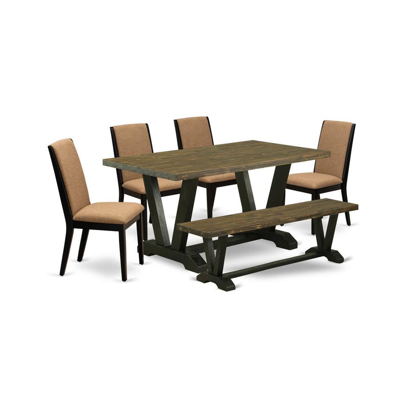 6-Piece Awesome Kitchen Table Set A Great Distressed Jacobean Dining Table Top And Distressed Jacobean Dining Bench And 4 Attractive Linen Fabric Kitchen Parson Chairs By East West Furniture | Dining Sets | Modishstore