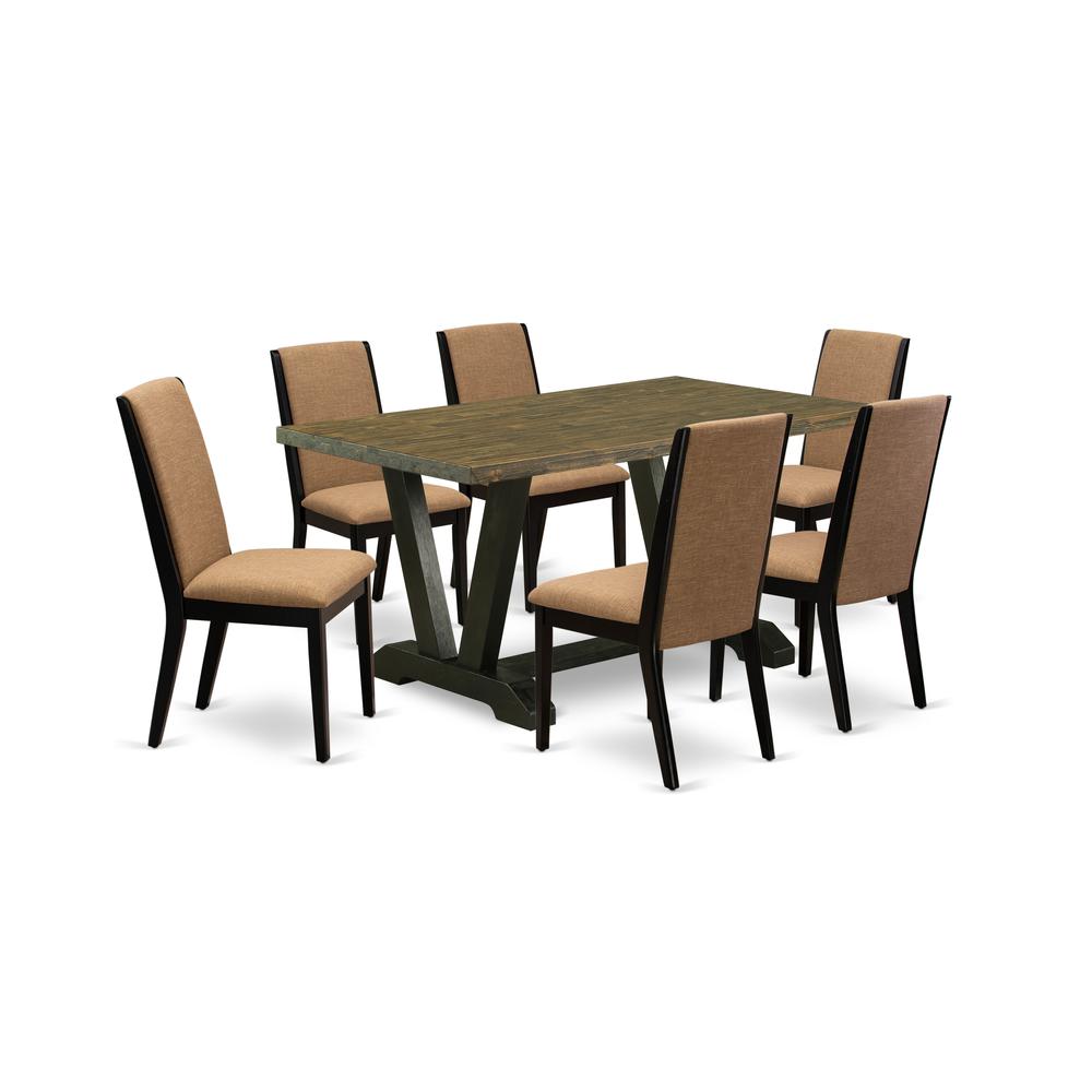 7-Piece Stylish A Superb Distressed Jacobean Dining Table Top And 6 Gorgeous Linen Fabric Dining Chairs By East West Furniture | Dining Sets | Modishstore