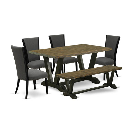 6 Piece Mid Century Dining Set - 4 Dark Gotham Grey Linen Fabric Kitchen Chairs By East West Furniture | Dining Sets | Modishstore