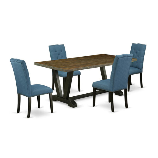 5-Piece Amazing Dining Room Set A Superb Distressed Jacobean Kitchen Table Top And 4 Excellent Linen Fabric Kitchen Chairs By East West Furniture | Dining Sets | Modishstore