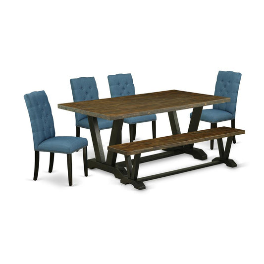6-Piece Gorgeous Modern Dining Table Set A Good Distressed Jacobean Rectangular Dining Table Top And Distressed Jacobean Indoor Bench And 4 Lovely Linen Fabric Dining C By East West Furniture | Dining Sets | Modishstore