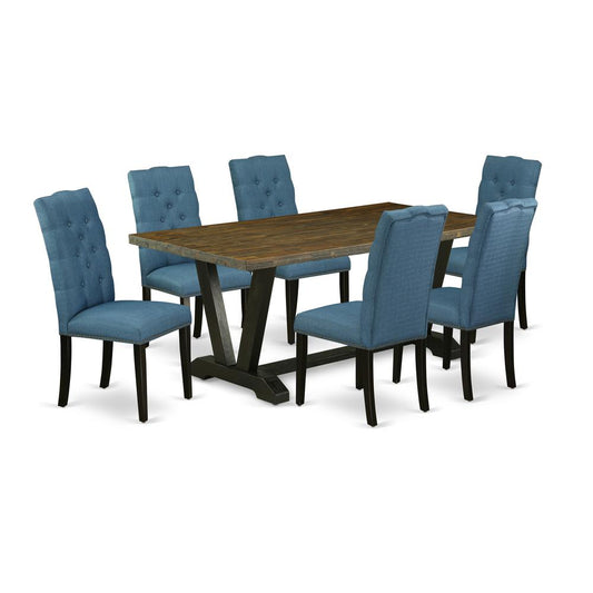 7-Piece Beautiful A Great Distressed Jacobean Rectangular Dining Table Top And 6 Wonderful Linen Fabric Dining Chairs By East West Furniture | Dining Sets | Modishstore