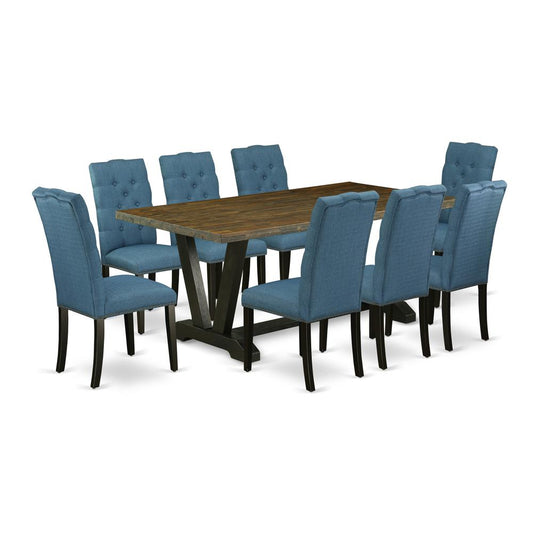 9-Piece Amazing Dining Table Set An Excellent Distressed Jacobean Modern Dining Table Top And 8 Lovely Linen Fabric Kitchen Chairs By East West Furniture | Dining Sets | Modishstore