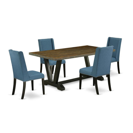 5-Piece Awesome Kitchen Table Set An Excellent Distressed Jacobean Dining Table Top And 4 Stunning Linen Fabric Dining Chairs By East West Furniture | Dining Sets | Modishstore
