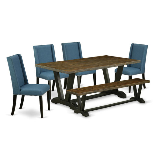 6-Piece Amazing Rectangular Dining Room Table Set A Good Distressed Jacobean Dining Table Top And Distressed Jacobean Dining Bench And 4 Lovely Linen Fabric Parson Chai By East West Furniture | Dining Sets | Modishstore