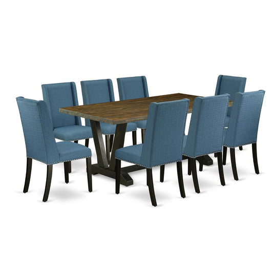 9-Piece Amazing Dining Table Set An Excellent Distressed Jacobean Kitchen Rectangular Table Top And 8 Awesome Linen Fabric Parson Chairs By East West Furniture | Dining Sets | Modishstore