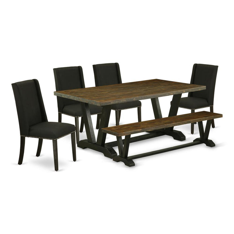 6-Pc Dining Room Table Set-Black Linen Fabric Seat And High Stylish Chair Back Parson Chairs, A Rectangular Bench And Rectangular Top Kitchen Table By East West Furniture | Dining Sets | Modishstore