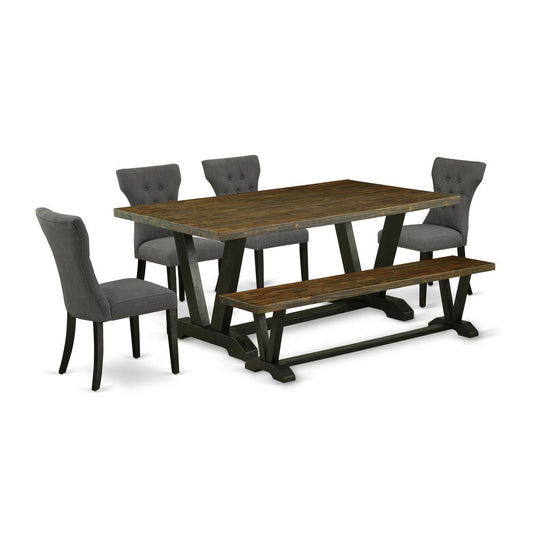 6-Piece Modern Dining Table Set-Dark Gotham Grey Linen Fabric Seat And Button Tufted Chair Back Upholstered Dining Chairs, A Rectangular Bench And Rectangular Top Wood Dining Table By East West Furniture | Dining Sets | Modishstore