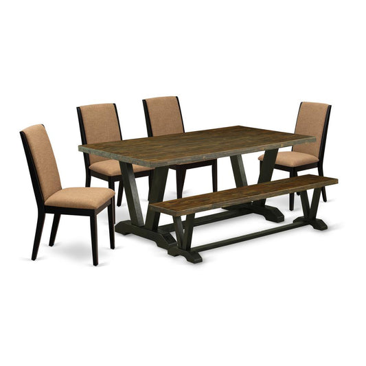 6-Piece Stylish Dining Room Table Set A Superb Distressed Jacobean Dining Table Top And Distressed Jacobean Indoor Bench And 4 Lovely Linen Fabric Padded Parson Chairs By East West Furniture | Dining Sets | Modishstore