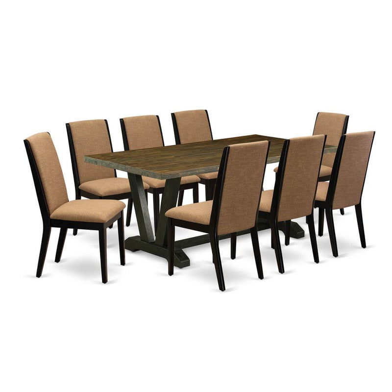 9-Piece Awesome Dinette Set A Superb Cement Color Kitchen Rectangular Table Top And 8 Amazing Linen Fabric Dining Chairs By East West Furniture | Dining Sets | Modishstore