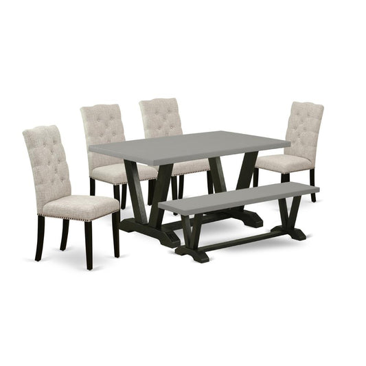 6-Pc Dining Set-Doeskin Linen Fabric Seat And Button Tufted Chair Back Parson Chairs, A Rectangular Bench And Rectangular Top Dining Room Table By East West Furniture | Dining Sets | Modishstore
