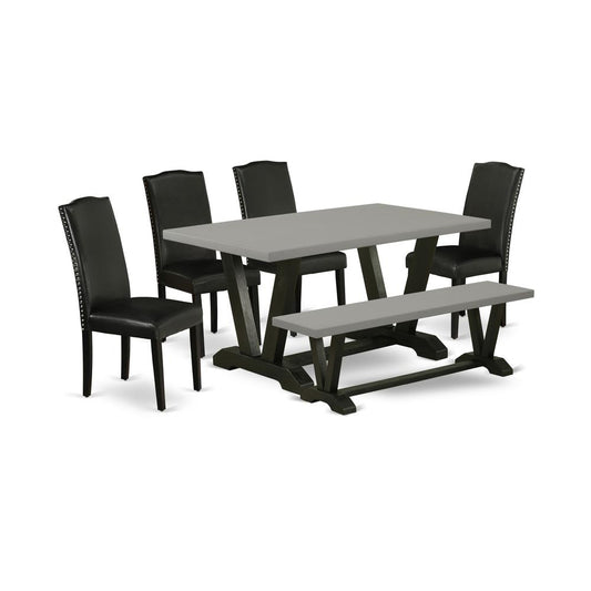 6-Pc Dining Table Set - 4 Parson Chairs, A Dining Bench Cement Top And 1 Cement Dining Table Top By East West Furniture | Dining Sets | Modishstore