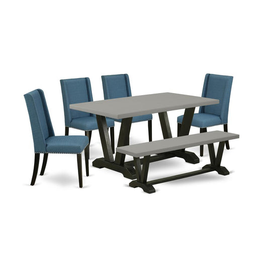 6-Piece Beautiful Modern Dining Table Set An Excellent Cement Color Dining Table Top And Cement Color Indoor Bench And 4 Beautiful Linen Fabric Kitchen Chairs By East West Furniture | Dining Sets | Modishstore