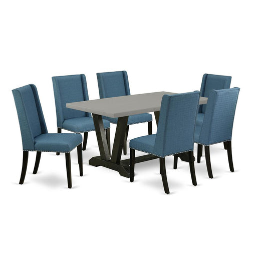 7-Piece Beautiful Modern Dining Table Set A Good Cement Color Wood Dining Table Top And 6 Gorgeous Linen Fabric Dining Chairs By East West Furniture | Dining Sets | Modishstore