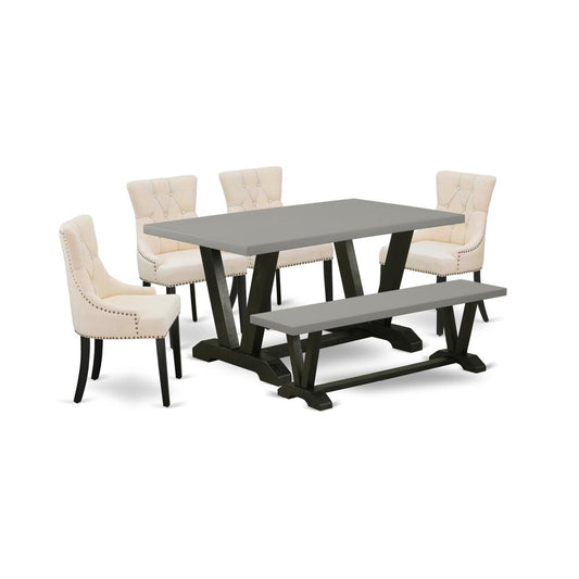 6-Pc Modern Dining Set - 4 Parson Chairs, A Bench Cement Top And 1 Modern Cement Dining Table Top By East West Furniture | Dining Sets | Modishstore