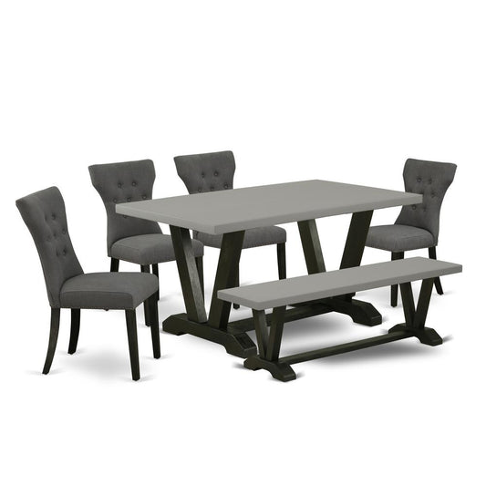 6-Pc Kitchen Table Set-Dark Gotham Grey Linen Fabric Seat And Button Tufted Chair Back Parson Dining Chairs, A Rectangular Bench And Rectangular Top Dining Room Table By East West Furniture | Dining Sets | Modishstore