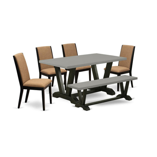6-Piece Beautiful Rectangular Dining Room Table Set A Superb Cement Color Dining Table Top And Cement Color Wood Bench And 4 Wonderful Linen Fabric Parson Dining Room C By East West Furniture | Dining Sets | Modishstore