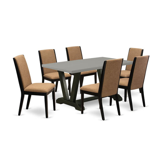 7-Piece Amazing Dining Room Table Set An Excellent Cement Color Wood Table Top And 6 Gorgeous Linen Fabric Dining Room Chairs By East West Furniture | Dining Sets | Modishstore