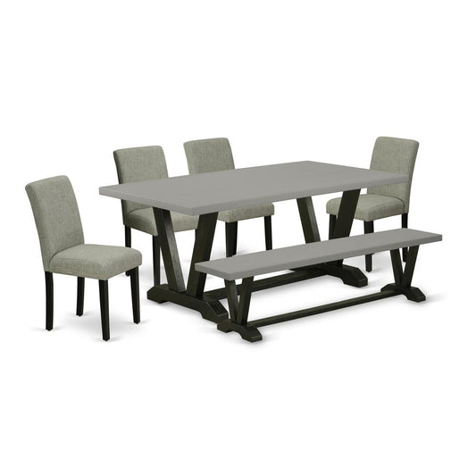 6-Pc Dining Room Set - 4 Parson Chairs, A Dining Bench Cement Top And 1 Modern Cement Dining Table Top By East West Furniture | Dining Sets | Modishstore