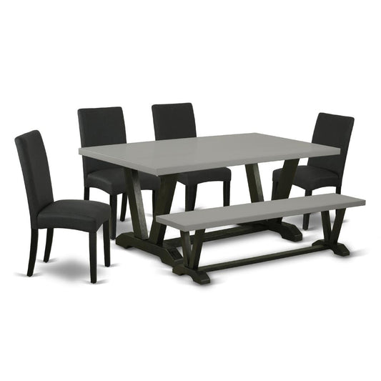 6-Pc Kitchen Table Set-Black Linen Fabric Seat And High Stylish Chair Back Dining Chairs, A Rectangular Bench And Rectangular Top Modern Dining Table By East West Furniture | Dining Sets | Modishstore